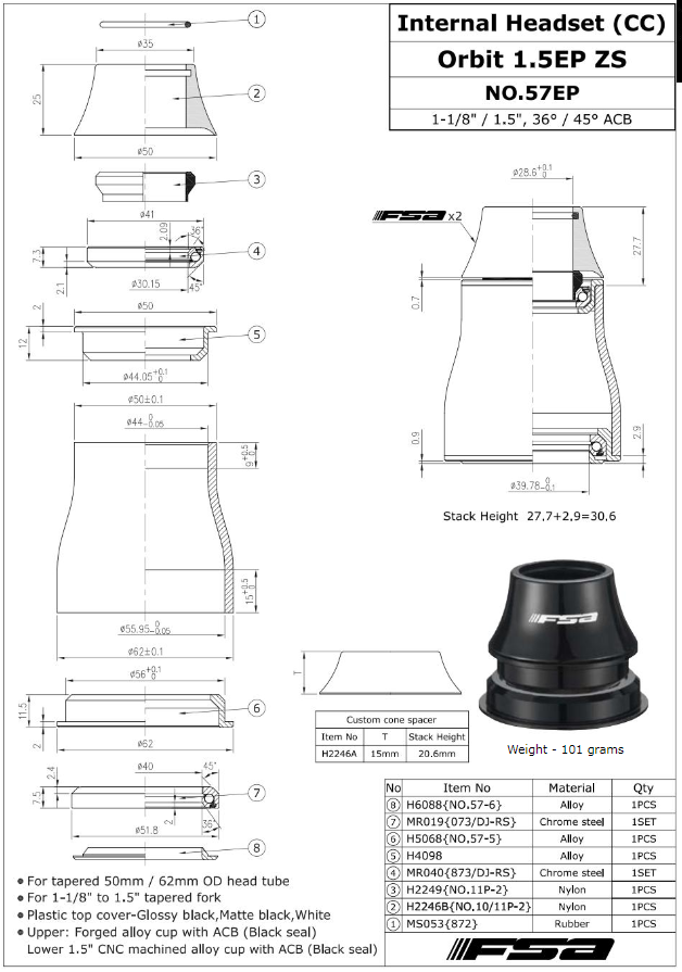 Bearing Kit For FSA Orbit 1.5E,  No.57E, No.57E-1, No.57EP,  No57E Headsets