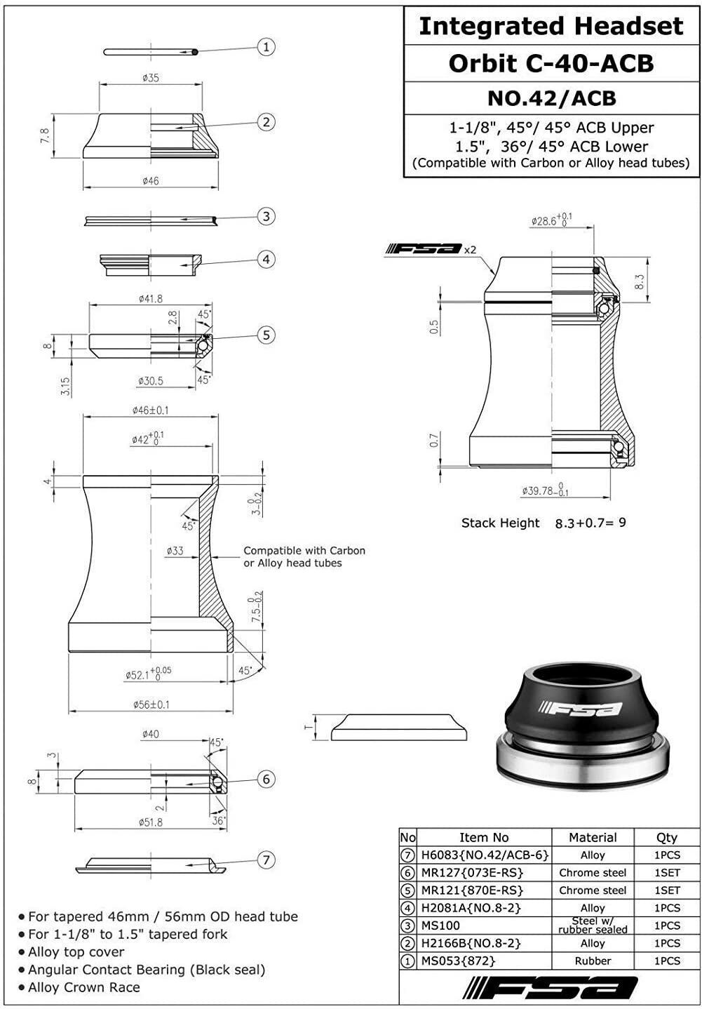 Bearing Kit For FSA No.42, No.42/ACB, ORBIT CF-40, ACB-CX, (1-1/8" to 1.5" IS42 / IS52 Tapered)