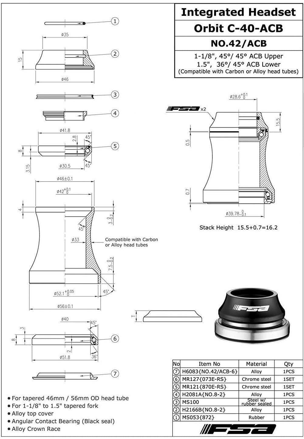 Bearing Kit For FSA No.42, No.42/ACB, ORBIT CF-40, ACB-CX, (1-1/8" to 1.5" IS42 / IS52 Tapered)