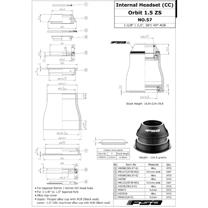 Bearing Kit For FSA Orbit No.57 Headset -  TH873E TH073